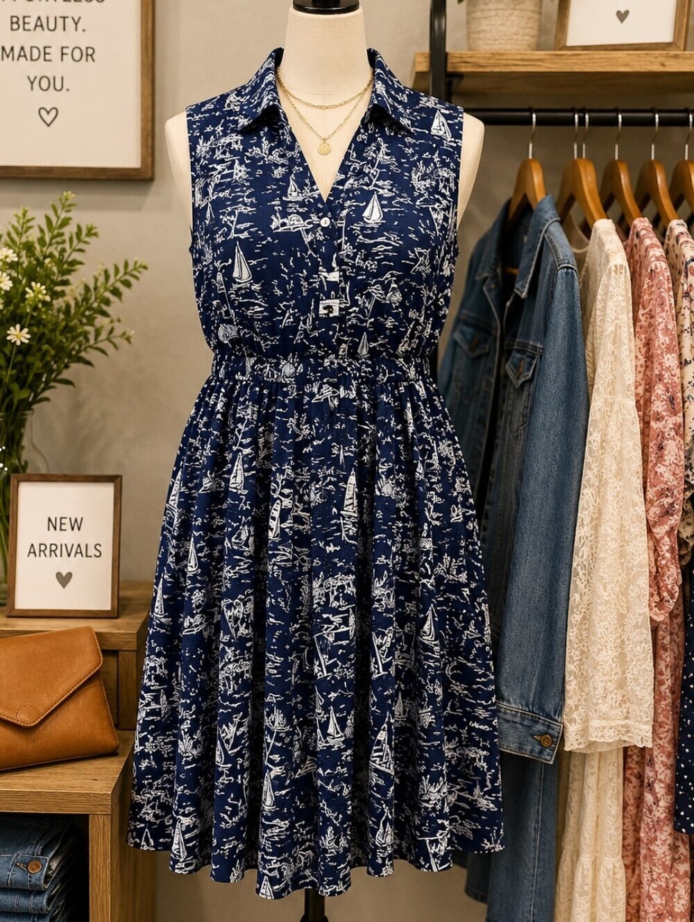 CHARTER CLUB SIZE 10 PETITE NAVY BLUE SCENIC BEACH VACATION SUMMER DRESS